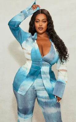 Plus Green Tie Dye Print Chiffon Fitted Shirt