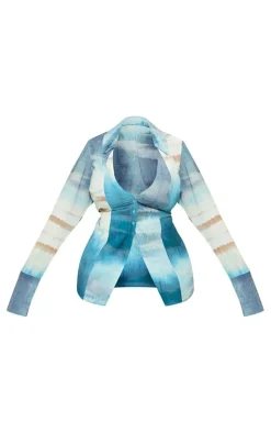 Plus Green Tie Dye Print Chiffon Fitted Shirt