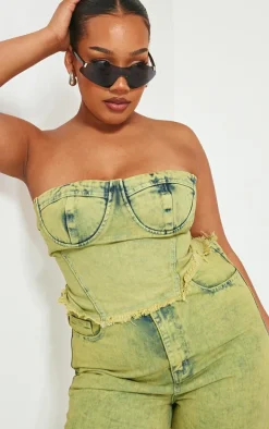 Plus Green Tint Acid Wash Denim Corset Crop Top