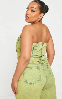 Plus Green Tint Acid Wash Denim Corset Crop Top