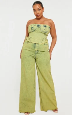 Plus Green Tint Acid Wash Denim Corset Crop Top