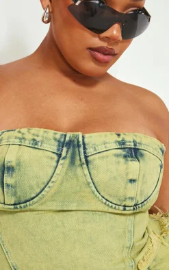 Plus Green Tint Acid Wash Denim Corset Crop Top