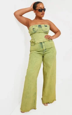 Plus Green Tint Acid Wash Raw Hem Wide Leg Jeans
