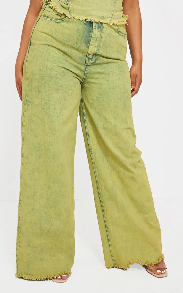 Plus Green Tint Acid Wash Raw Hem Wide Leg Jeans