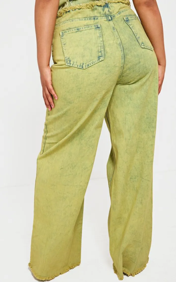 Plus Green Tint Acid Wash Raw Hem Wide Leg Jeans