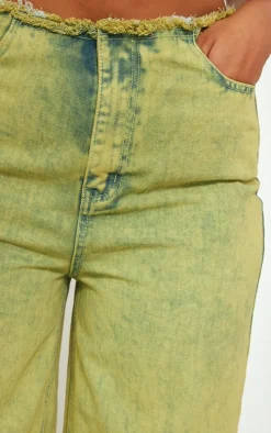 Plus Green Tint Acid Wash Raw Hem Wide Leg Jeans