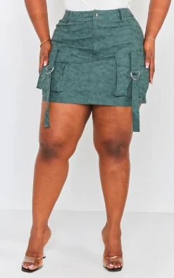 Plus Green Washed Faux Leather Pocket Cargo Mini Skirt