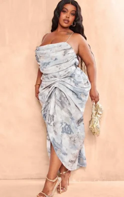 Plus Grey Abstract Print Chiffon Ruched Drape Midi Dress