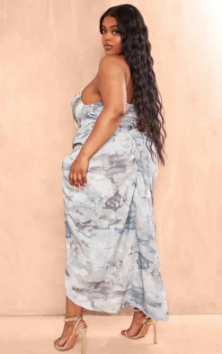 Plus Grey Abstract Print Chiffon Ruched Drape Midi Dress