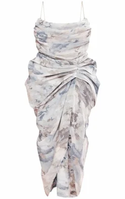 Plus Grey Abstract Print Chiffon Ruched Drape Midi Dress