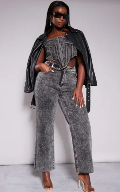 Plus Grey Acid Wash Belt Detail Wide Leg Jeans