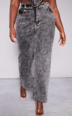 Plus Grey Acid Wash Belt Detail Wide Leg Jeans