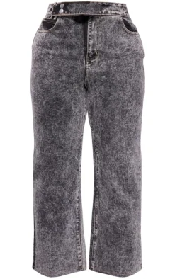 Plus Grey Acid Wash Belt Detail Wide Leg Jeans