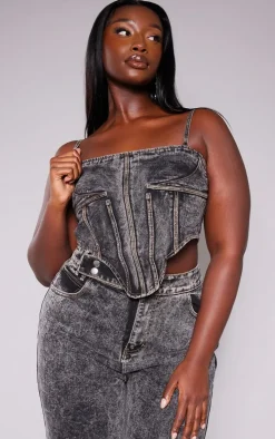 Plus Grey Acid Wash Seam Detail Denim Corset