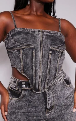 Plus Grey Acid Wash Seam Detail Denim Corset