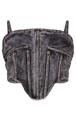 Plus Grey Acid Wash Seam Detail Denim Corset
