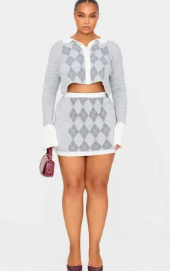 Plus Grey Argyle Jacquard Knitted Mini Skirt