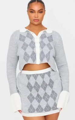 Plus Grey Argyle Jacquard Knitted Button Up Top