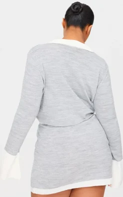 Plus Grey Argyle Jacquard Knitted Button Up Top