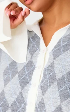 Plus Grey Argyle Jacquard Knitted Button Up Top