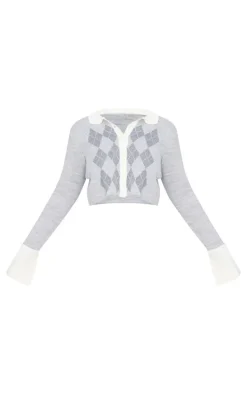 Plus Grey Argyle Jacquard Knitted Button Up Top