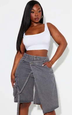 Plus Grey Asymmetric Buckle Wrap Over Detail Jorts