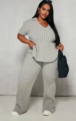 Plus Grey Brushed Rib Knit Wide Leg Pants