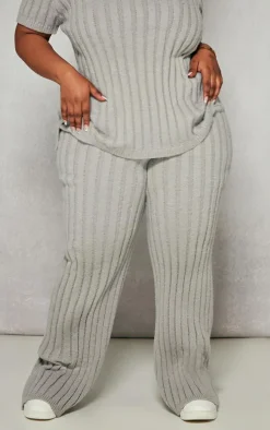 Plus Grey Brushed Rib Knit Wide Leg Pants