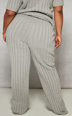 Plus Grey Brushed Rib Knit Wide Leg Pants