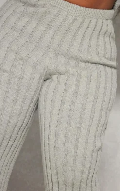 Plus Grey Brushed Rib Knit Wide Leg Pants