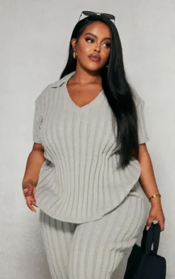 Plus Grey Brushed Short Sleeve V Neck Knit Top