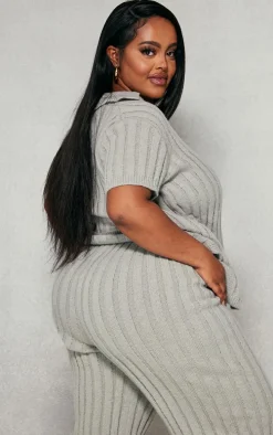 Plus Grey Brushed Short Sleeve V Neck Knit Top