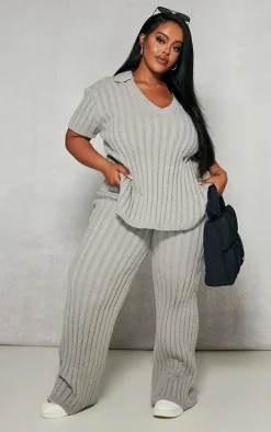 Plus Grey Brushed Short Sleeve V Neck Knit Top