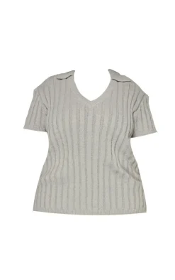 Plus Grey Brushed Short Sleeve V Neck Knit Top