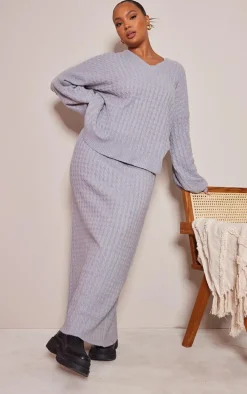 Plus Grey Cable Soft Knit Midi Skirt