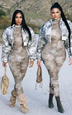 Plus Grey Camo Printed Mesh Jumpsuit