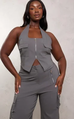 Plus Grey Cargo Pocket Detail Zip Crop Top