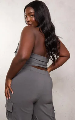 Plus Grey Cargo Pocket Detail Zip Crop Top