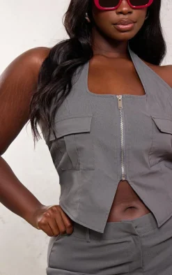 Plus Grey Cargo Pocket Detail Zip Crop Top