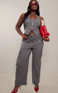 Plus Grey Cargo Pocket Detail Wide Leg Pant