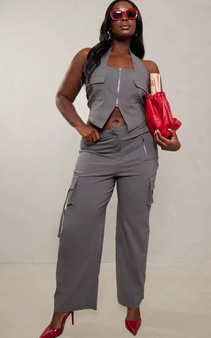 Plus Grey Cargo Pocket Detail Wide Leg Pant