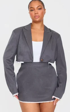 Plus Grey Contrast Binding Cropped Blazer
