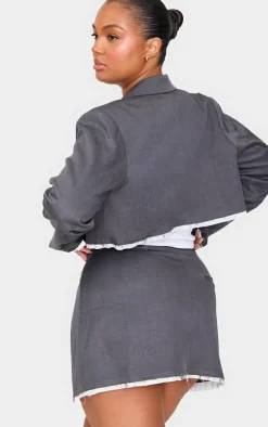 Plus Grey Contrast Binding Cropped Blazer