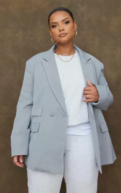 Plus Grey Double Pocket Detail Double Breasted Blazer
