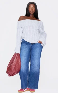 Plus Grey Exaggerated Ribbed Bardot Sweater