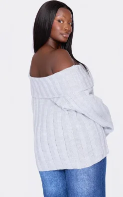 Plus Grey Exaggerated Ribbed Bardot Sweater