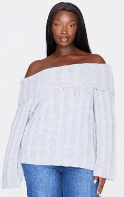 Plus Grey Exaggerated Ribbed Bardot Sweater