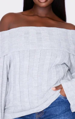 Plus Grey Exaggerated Ribbed Bardot Sweater