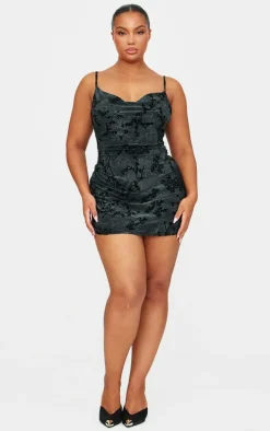 Plus Grey Floral Printed Devore Cowl Neck Shift Dress