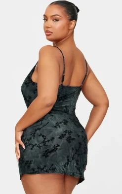 Plus Grey Floral Printed Devore Cowl Neck Shift Dress